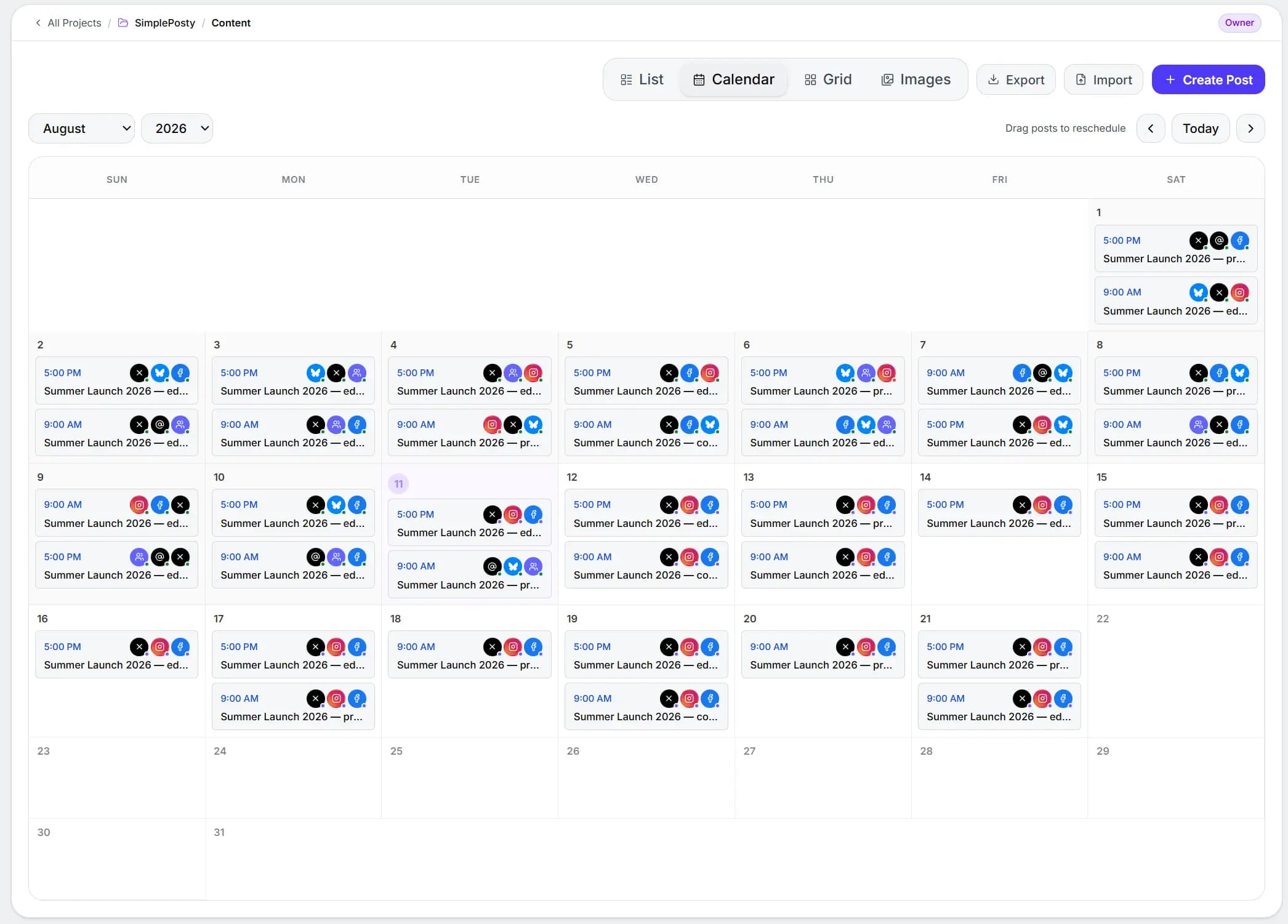 Facebook content calendar in SimplePosty